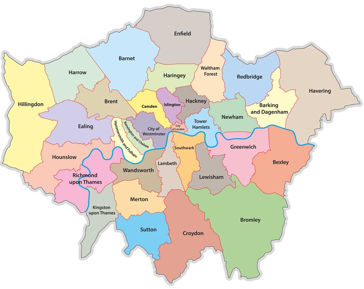 Karte: London mit Stadtteilen 